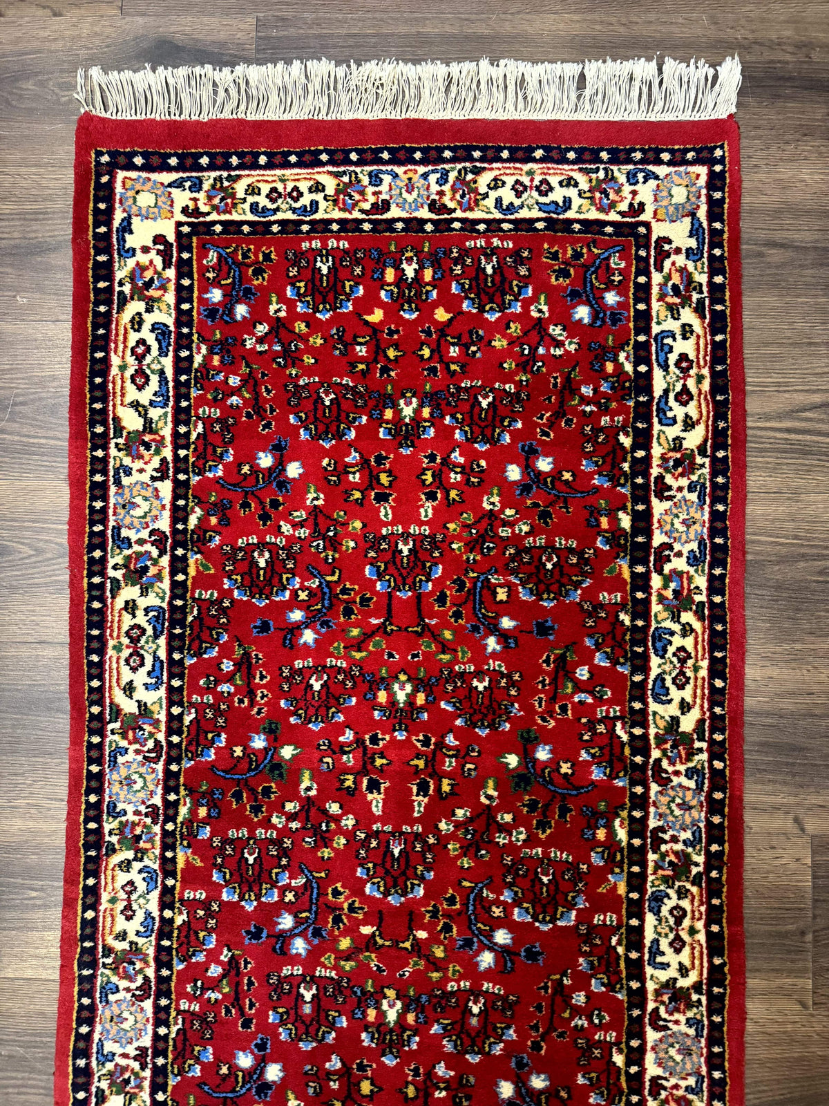 Indo Persian Sarouk Runner Rug 3 x 12, Red and Cream, Allover Pattern, 12ft Runner, Hand Knotted - Jewel Rugs, view 3