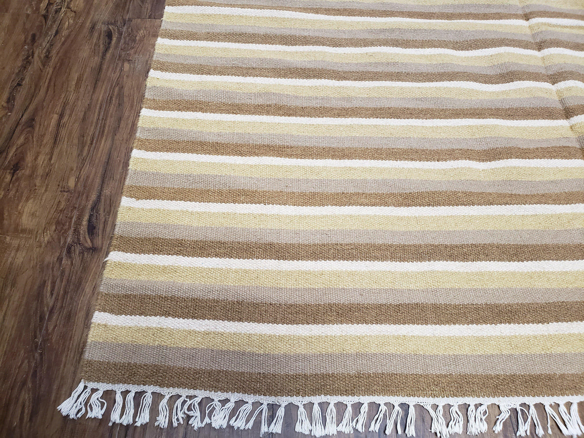 Indian Striped Blanket 6x9, Large Indo Kilim Area Rug, Earthern Tones Woolen Hand-Woven Flatweave South American Style Queen Size Bedspread - Jewel Rugs, view 9