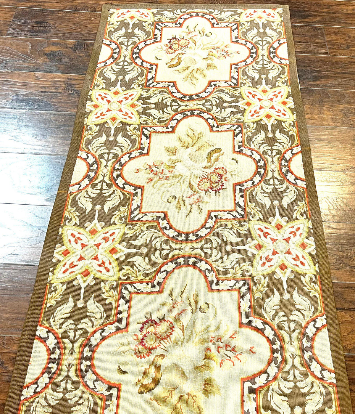 Needlepoint Runner Rug 2.8 x 9.8, Brown and Beige, Handwoven Handmade Floral French European Design, Vintage Flatweave 10ft Wool Runner Rug - Jewel Rugs, view 6