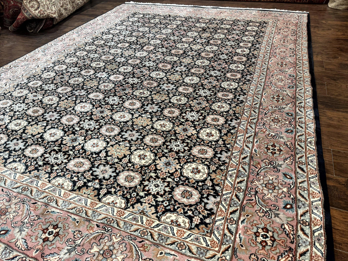 Indo Persian Rug 9x12, Vintage Handmade Wool Carpet, Repeated Allover Motif, Navy Blue and Pink - Jewel Rugs, view 3