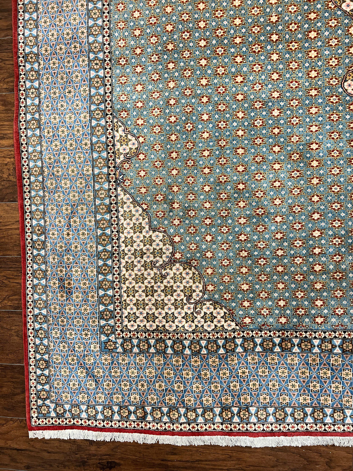 Rare Persian Rug 8x12, Qum Rug, Repeated Star Motifs, Blue and Ivory, Fine 300 KPSI, Hand Knotted Handmade Vintage Wool Rug - Jewel Rugs, view 8
