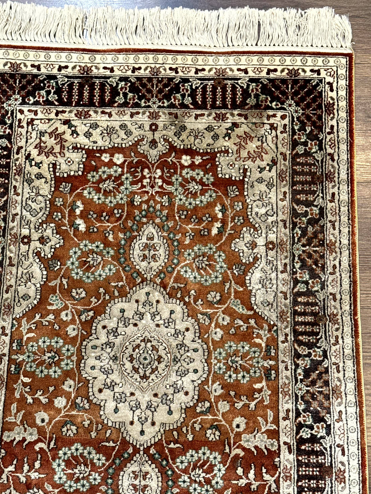 Turkish Silk Narrow Runner Rug 2 x 5.8, Very Fine 340 KPSI, Floral Medallions, Red - Jewel Rugs, view 8