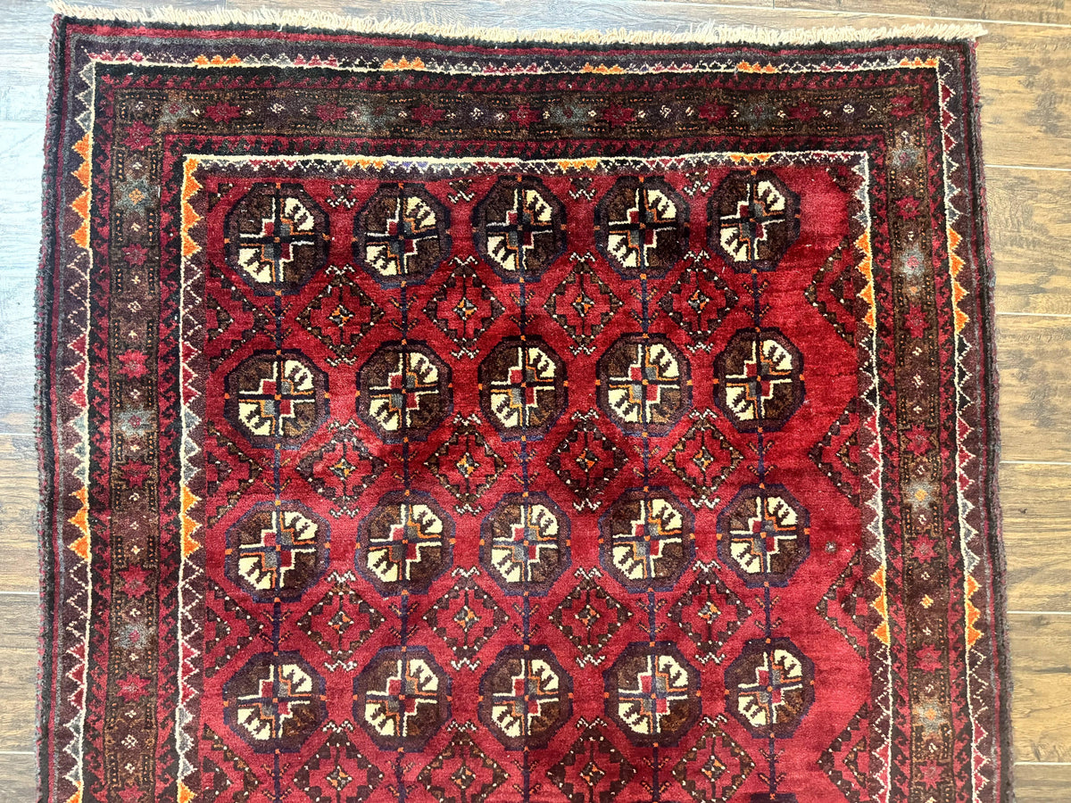 Persian Turkoman Tribal Rug 4x8, Handmade Vintage Wool Carpet, Red, Bohemian Rug - Jewel Rugs, view 4