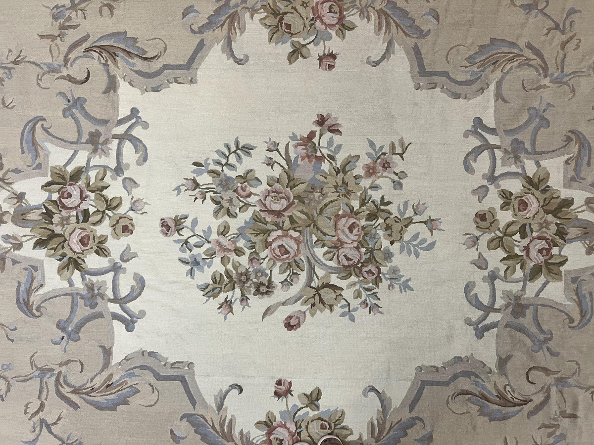 Aubusson Needlepoint Rug 9x12, VIntage Handmade Wool Beige Floral European Elegant Rug 9 x 12, Floral Roses - Jewel Rugs, view 5