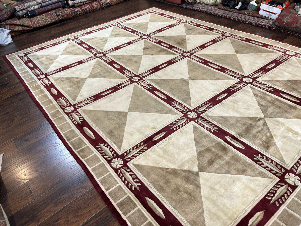 Indo Tibetan Rug 10x14, Nepali Carpet, Large Soft Wool Area Rug, Olive Tan Maroon, Contemporary Rug 10 x 14 ft Living Room Rug, Handmade Rug - Jewel Rugs, view 13