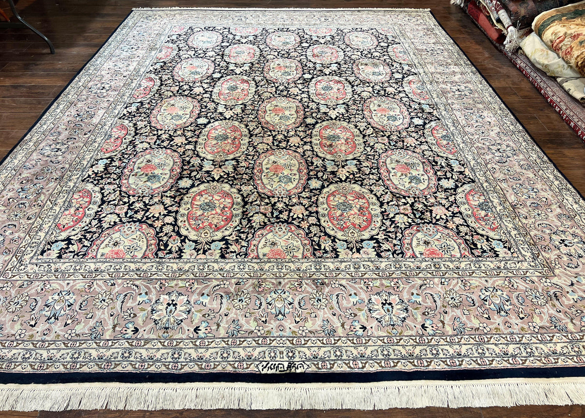 Sino Persian Rug 9x12, Navy Blue and Pink Hand Knotted Wool and Silk Highlights Vintage Oriental Carpet, Handmade Floral Area Rug 9 x 12 ft - Jewel Rugs
