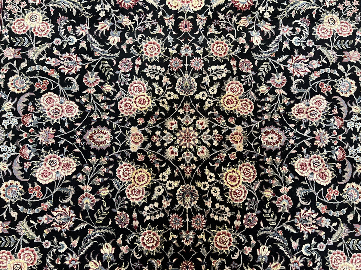 Pak Persian Rug 9x12, Floral Allover, Hand Knotted Oriental Carpet 9 x 12 ft, Black and Cream, Detailed, Wool with Silk Highlights, Vintage - Jewel Rugs, view 4