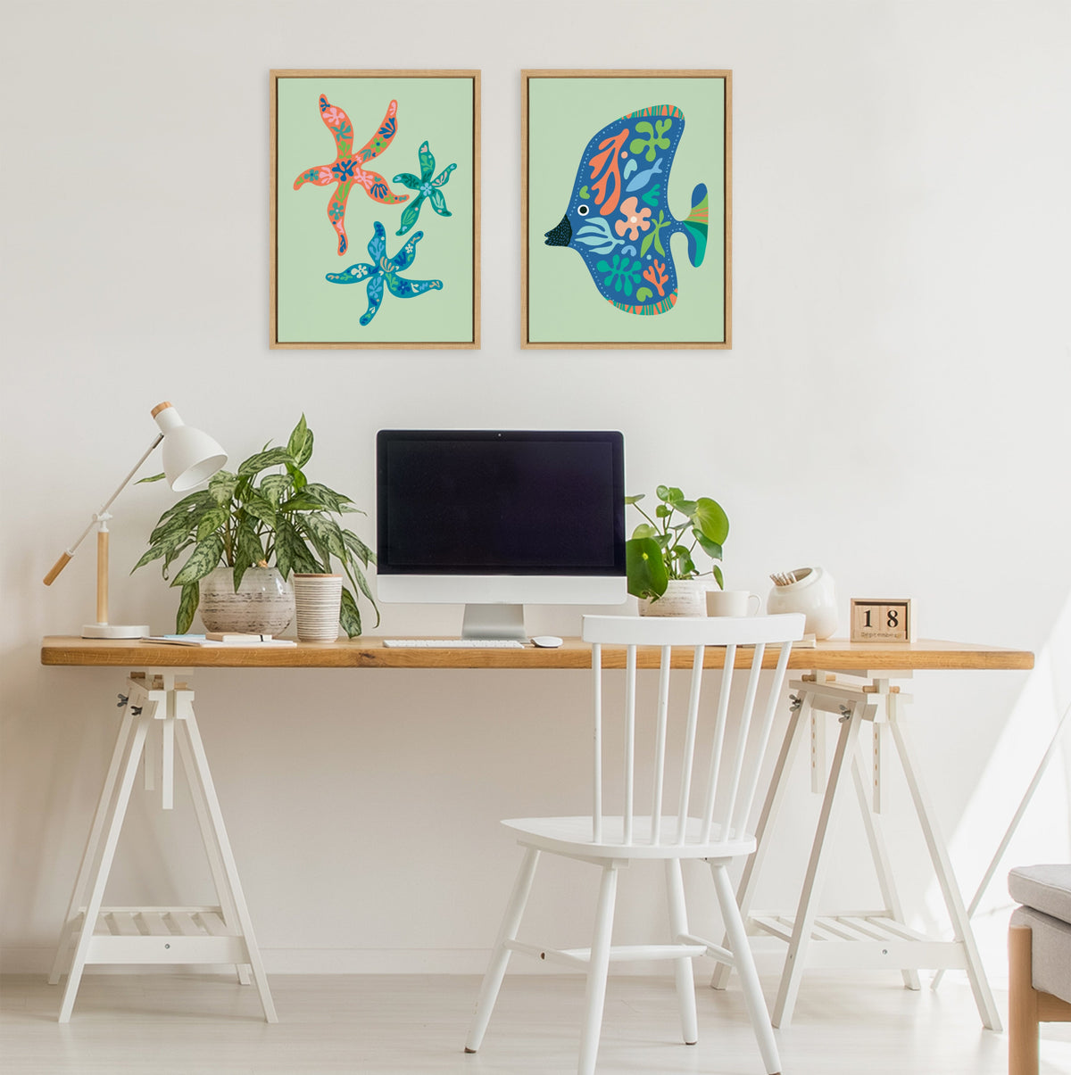Sylvie Modern Colorful Starfish and Modern Colorful Tropical Fish Framed Canvas Art Set by Rachel Lee