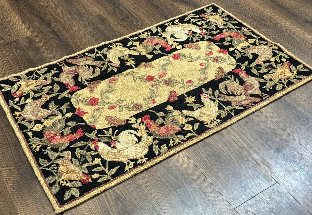 Small Vintage Hooked Rug, Roosters, Handmade, Wool - Jewel Rugs, view 3