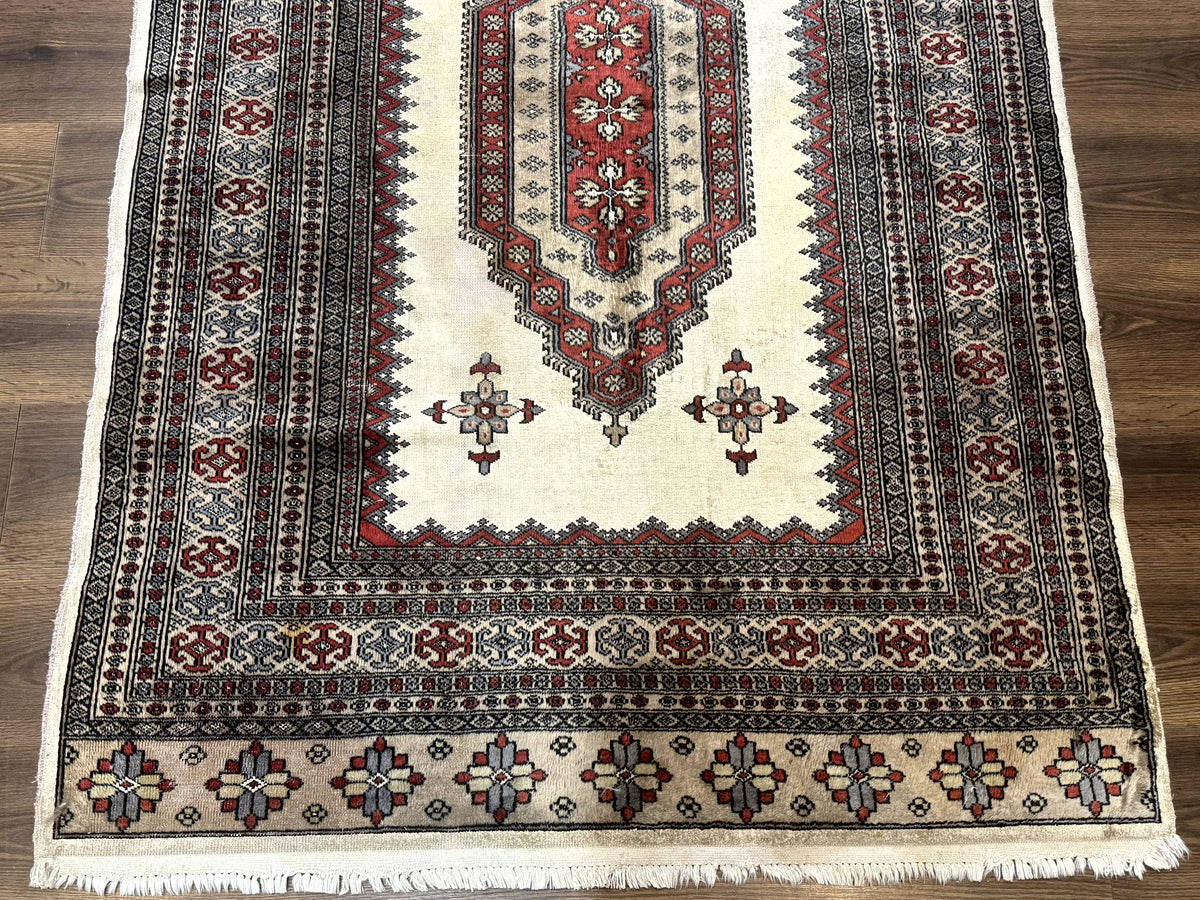 Pakistani Turkoman Rug 4x6, Semi Open Field, Ivory, Vintage - Jewel Rugs, view 6