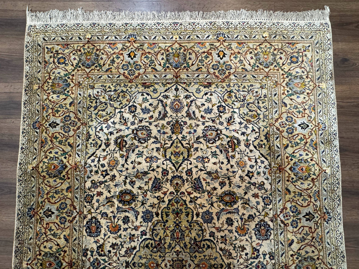 Rare Silk Persian Kashan Rug 4.6 x 7, Antique Fine 310 KPSI, Ivory - Jewel Rugs, view 3