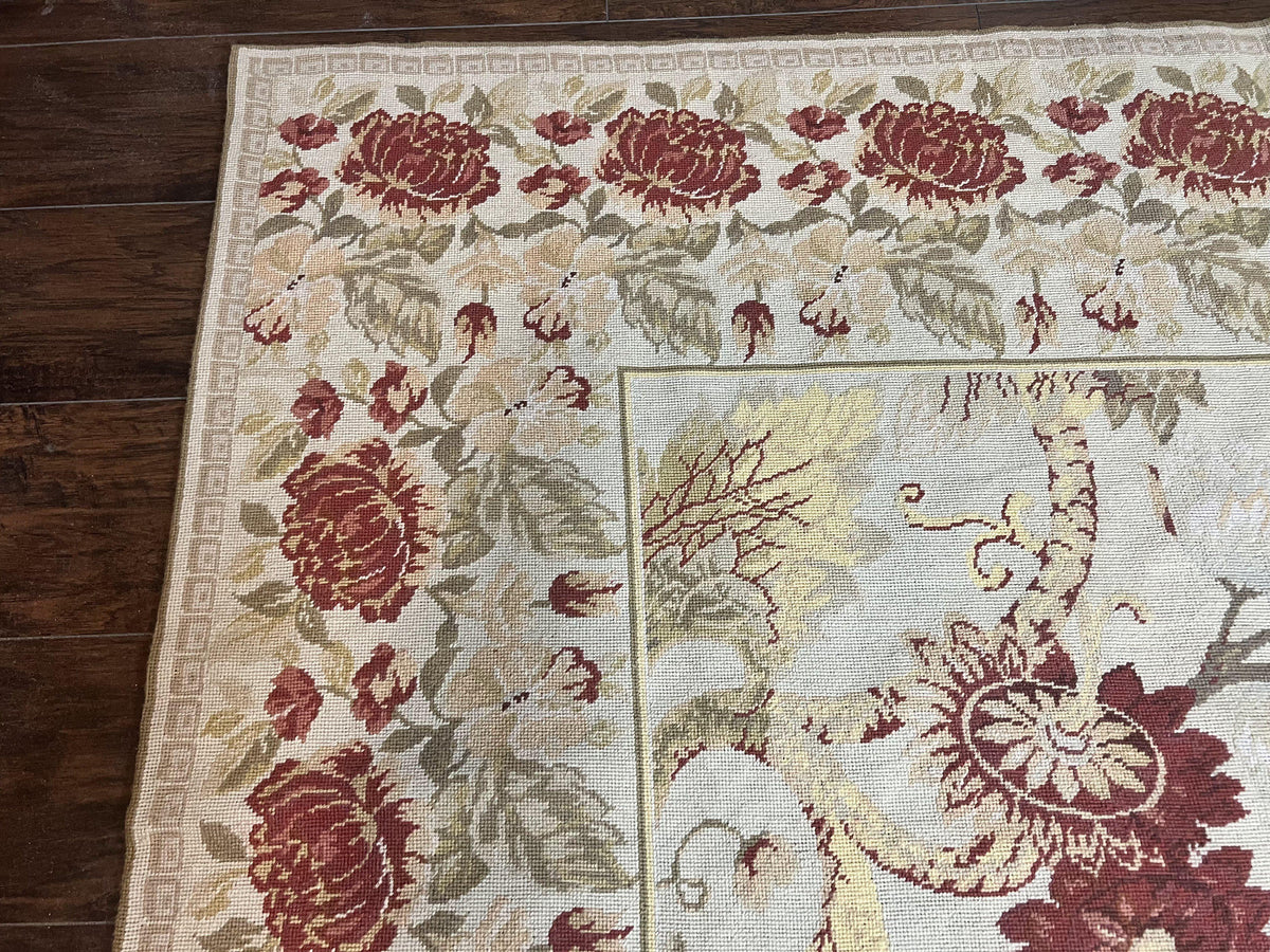 Extra Large Needlepoint Rug 14 x 20, Vintage Handwoven Handmade Wool Flatweave Carpet, Allover Floral Pattern, Elegant European Deisgn Rug - Jewel Rugs, view 6