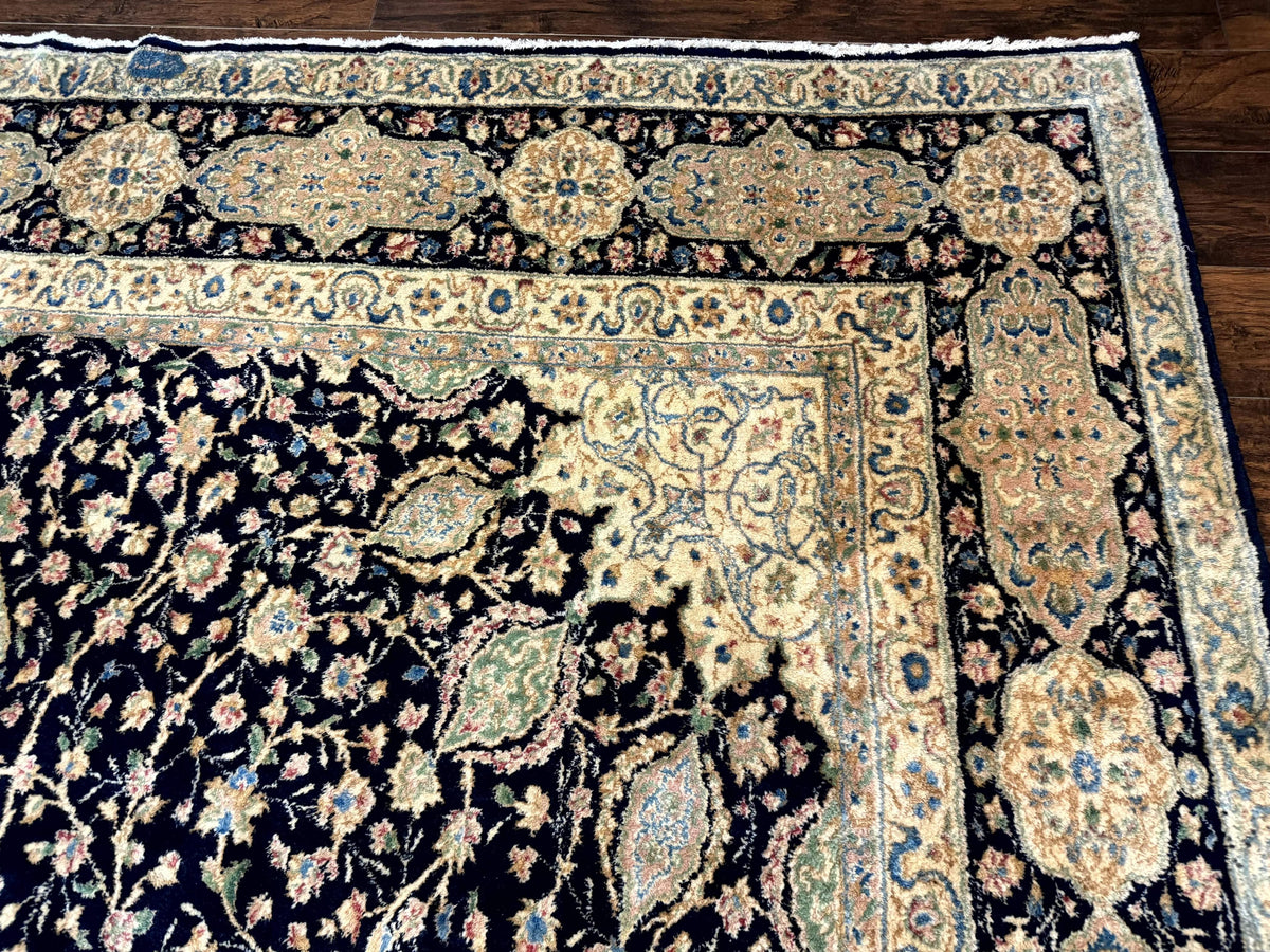 Large Persian Kerman Rug 10x14, Navy Blue and Beige, Floral Medallion, Traditional Elegant Persian Carpet, Signed by Masterweaver - Jewel Rugs, view 7