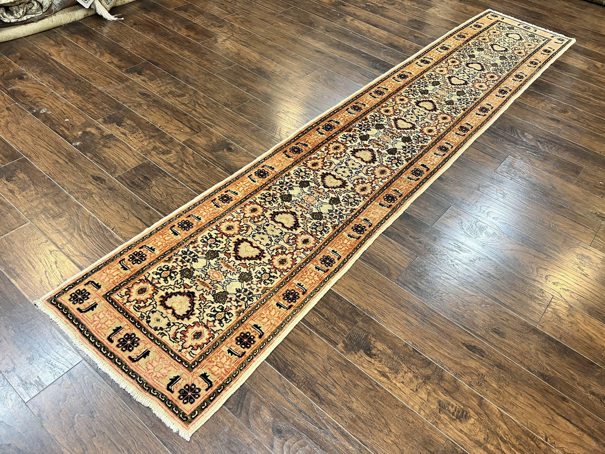 Romanian Runner Rug 2.6 x 12.9, Wool Handmade Hand Knotted Skinny Runner for Hallway, Floral Allover, Vintage Tan Runner - Jewel Rugs, view 2