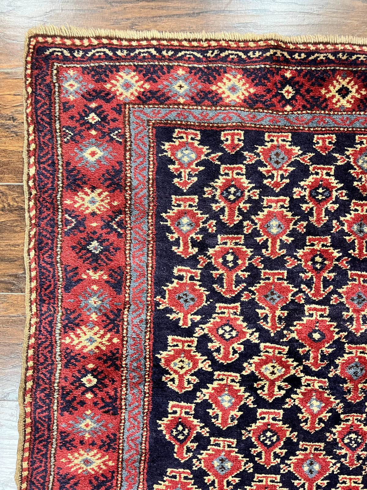 Turkish Sparta Rug 3x4, Allover Pattern, Navy Blue and Red, Antique Ispara Oriental Carpet 3 x 4, Small Turkish Handmade Vintage Wool Rug - Jewel Rugs, view 7