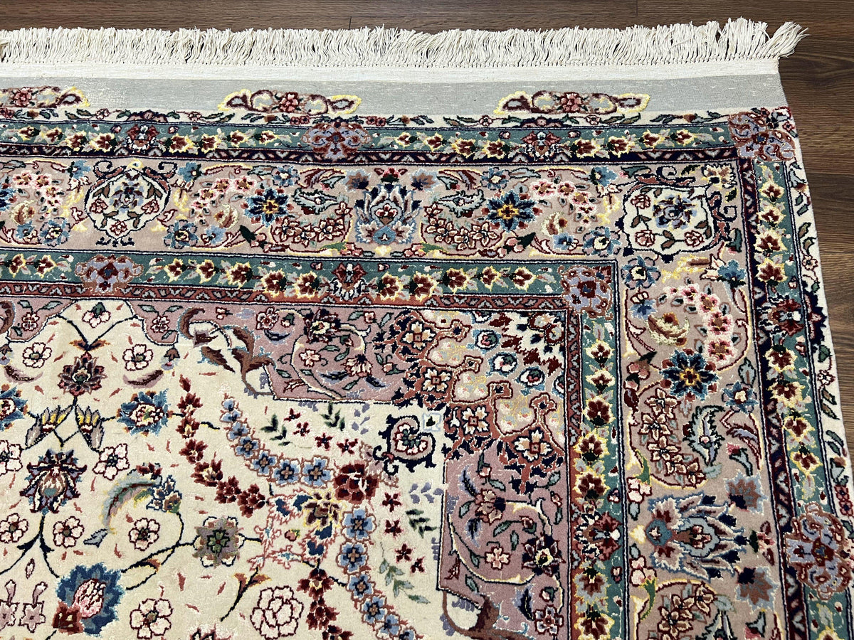 Beautiful Pak Persian Rug 6x9, Floral Medallion, Wool and Silk, Highly Detailed Elegant Carpet, Vintage Oriental Rug 6 x 9, Cream and Gray - Jewel Rugs, view 7