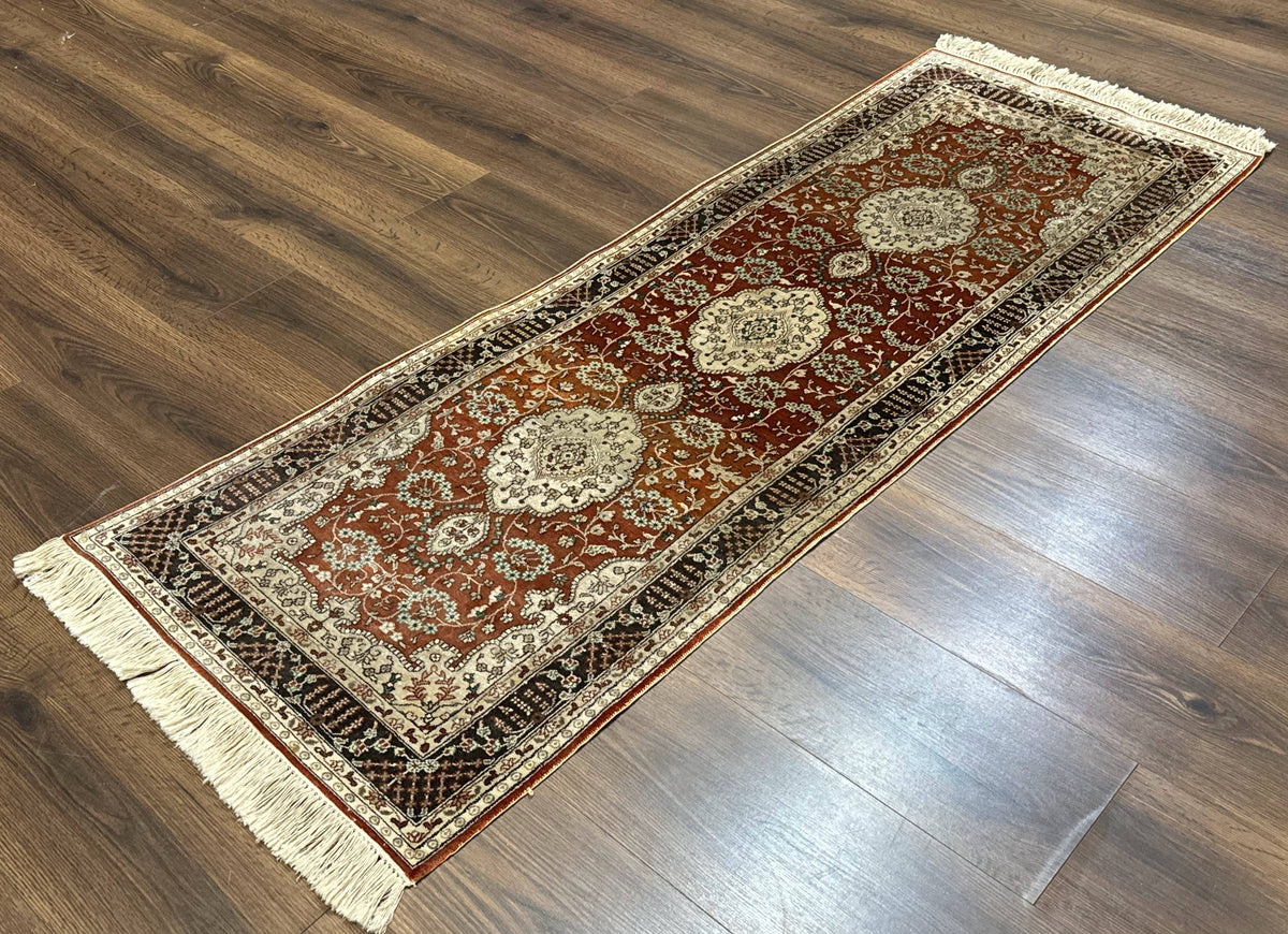Turkish Silk Narrow Runner Rug 2 x 5.8, Very Fine 340 KPSI, Floral Medallions, Red - Jewel Rugs, view 3