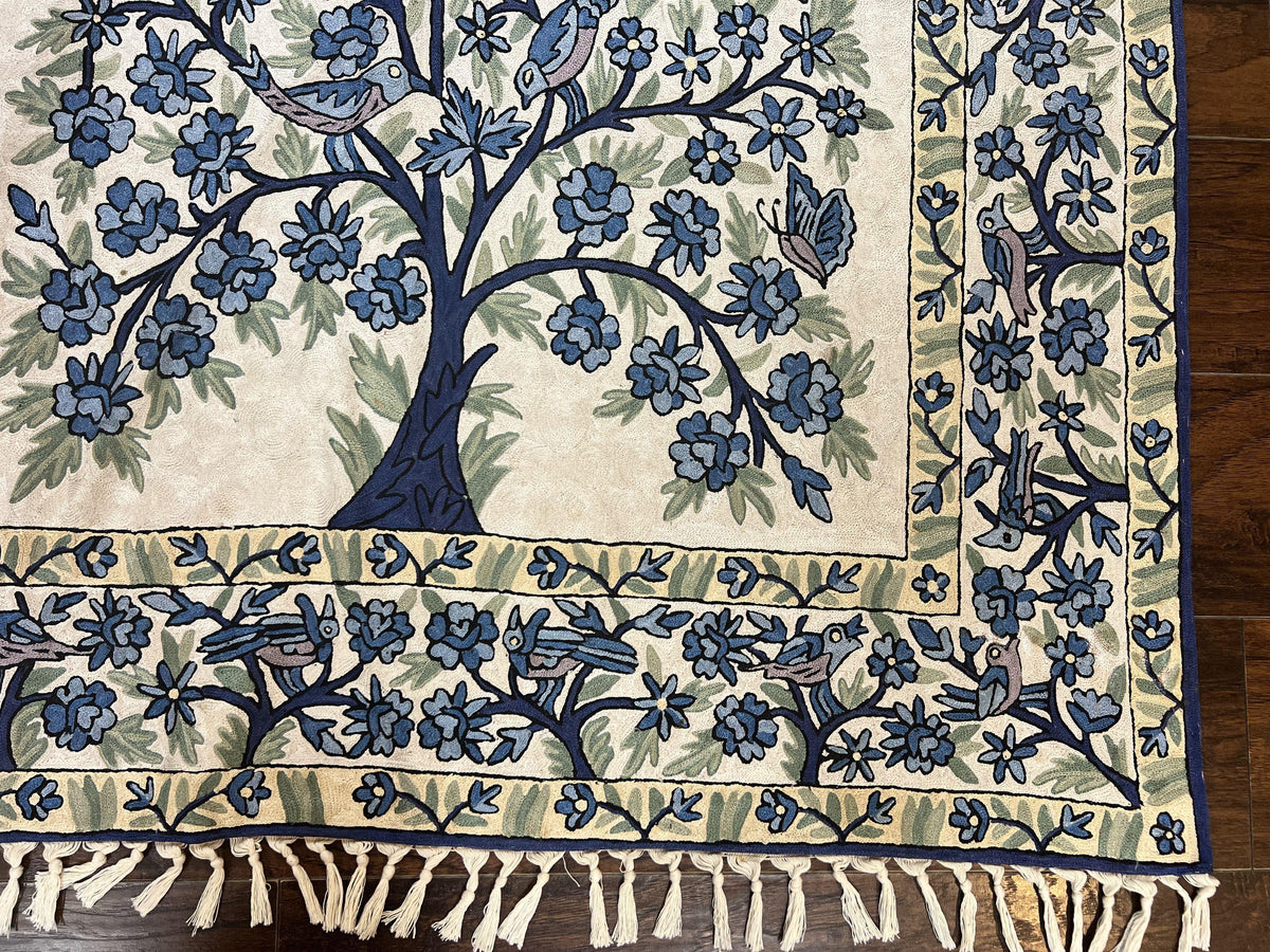 Tree of Life Indian Hand Stitched Rug 4x6, Indian Wall Hanging Rug, Ivory Blue, Silk on Cotton, Vintage - Jewel Rugs, view 10