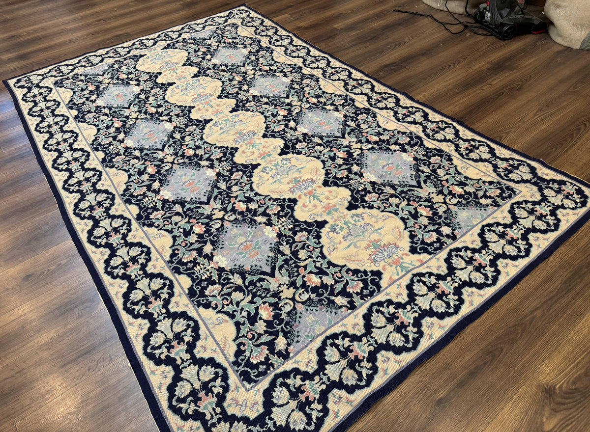 Needlepoint Rug 6x9, Ivory and Navy Blue - Jewel Rugs, view 12