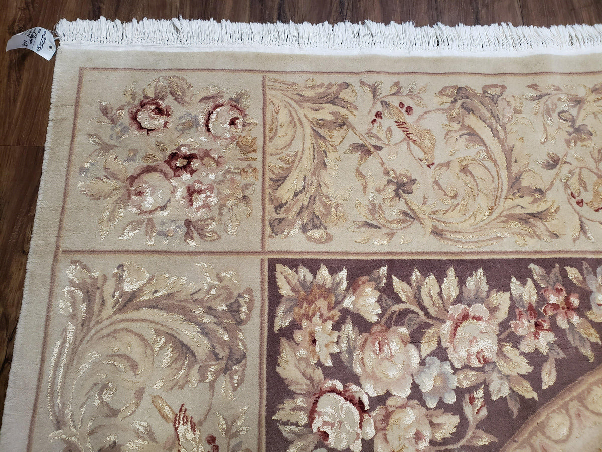 Chinese Aubusson Savonnerie Area Rug 8x12, Vintage 120 Line Carpet, Wool and Silk Hand-Knotted, Birds Flowers Master Weaver Signature - Jewel Rugs, view 7