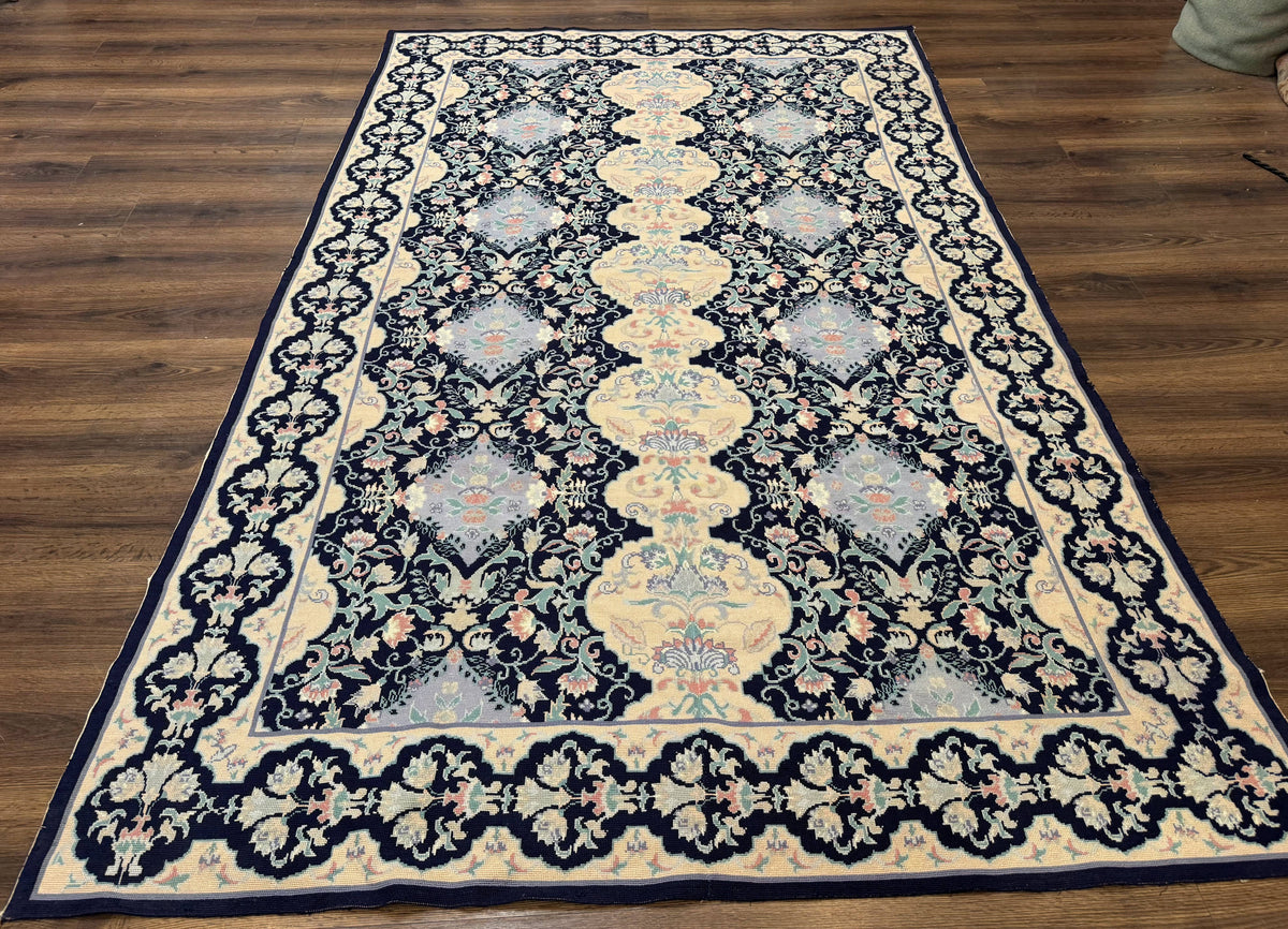Needlepoint Rug 6x9, Ivory and Navy Blue - Jewel Rugs, view 13