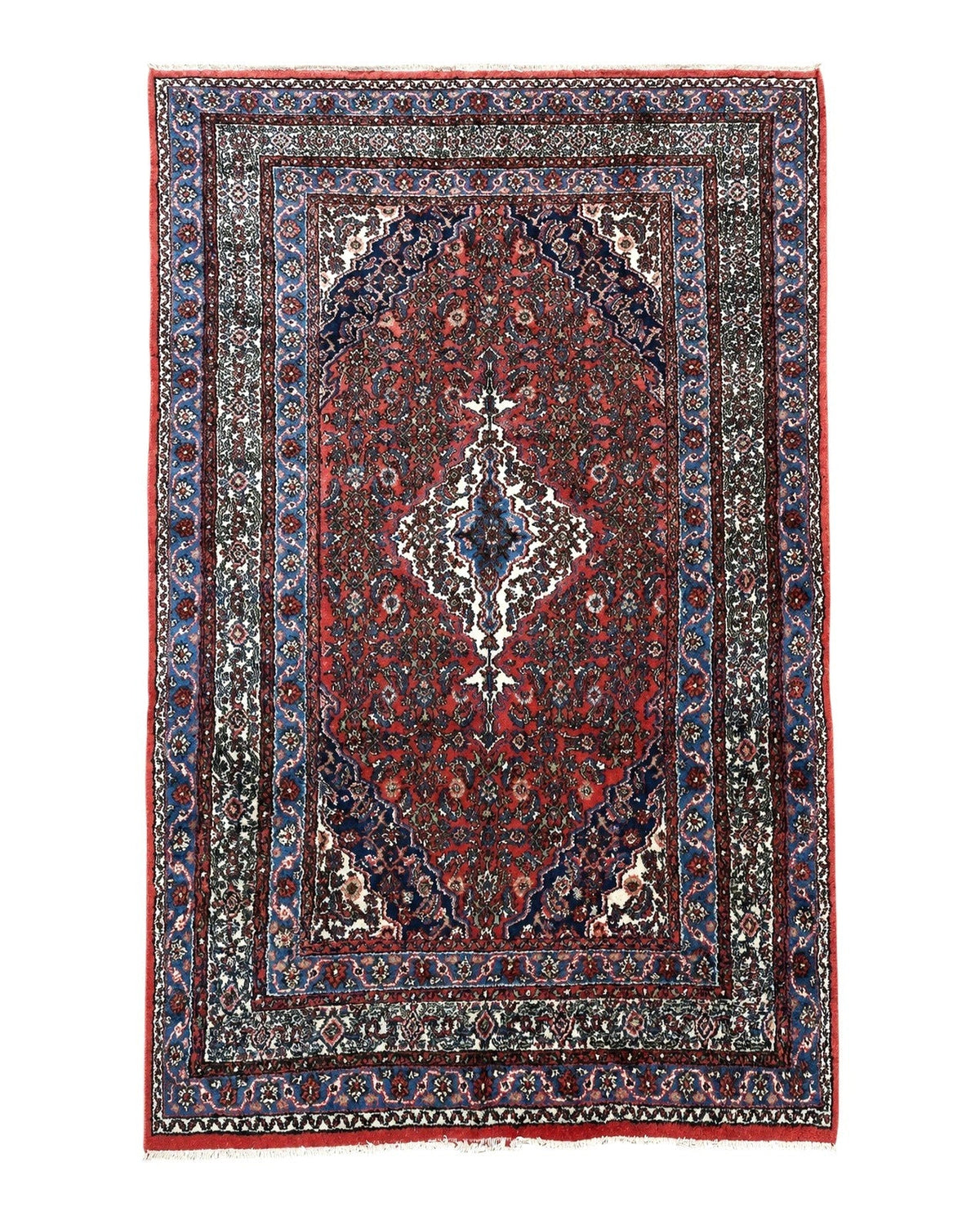 Persian Tribal Rug 6x11, Red Blue Ivory, Antique Persian Carpet, Hamadan Dargazin Carpet - Jewel Rugs