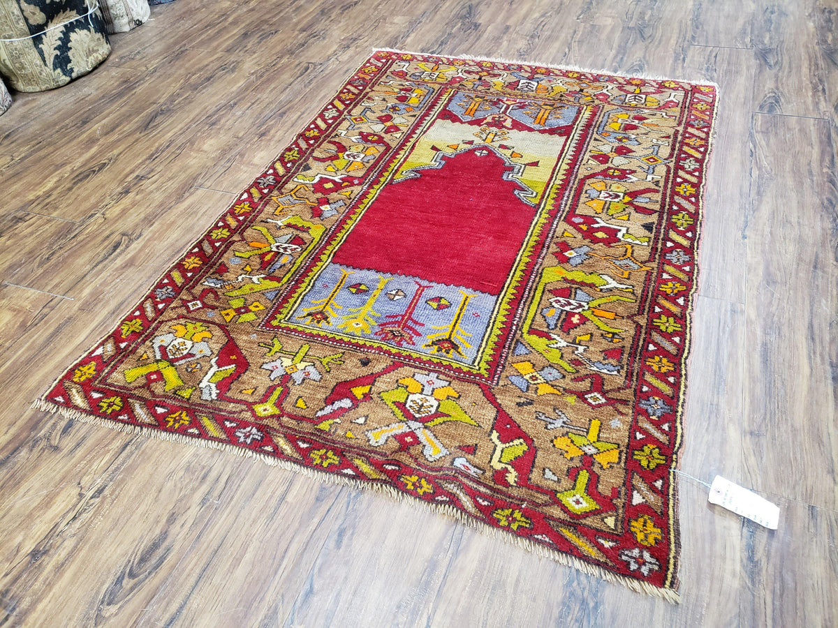 Antique Turkish Prayer Rug 3.8 x 5ft, Colorful Prayer Rug, Red Blue Gold Multicolor Turkish Anatolian Carpet, Handmade Hand-Knotted, Wool - Jewel Rugs, view 12