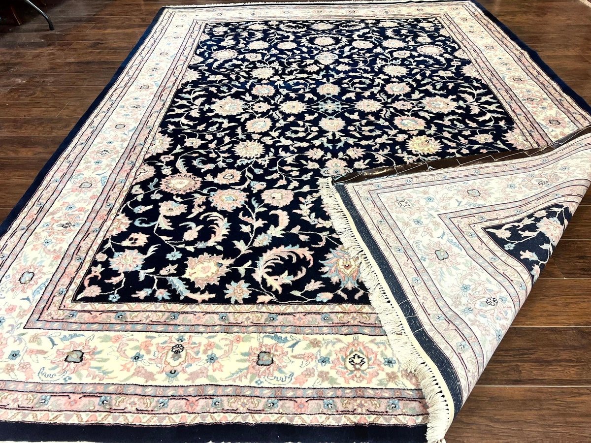 Indo Persian Rug 9x12, Navy Blue and Ivory/Cream, Floral Allover, Wool Vintage Handmade Carpet - Jewel Rugs, view 11
