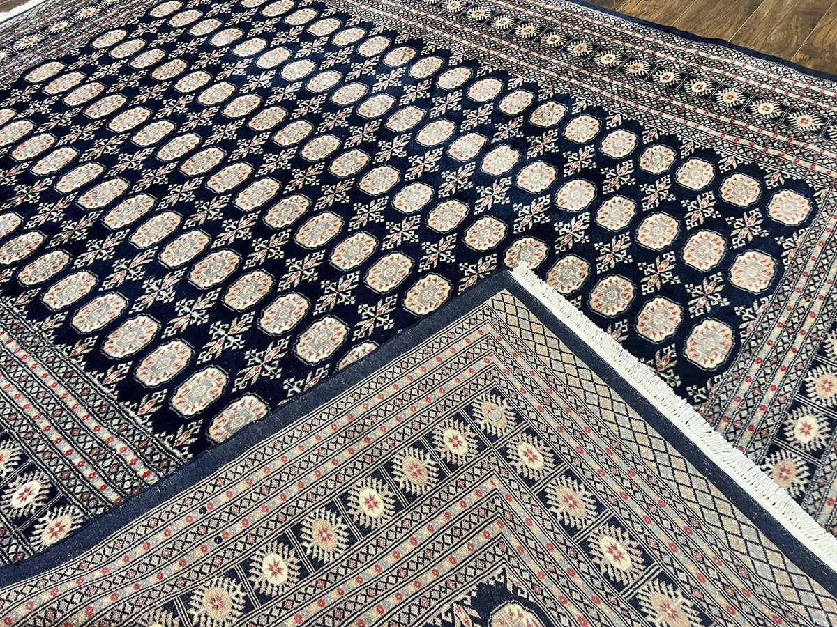 Pakistani Bokhara Rug 8x10, Turkoman Carpet, Dark Blue and Beige, Vintage Handmade Wool Carpet - Jewel Rugs, view 11