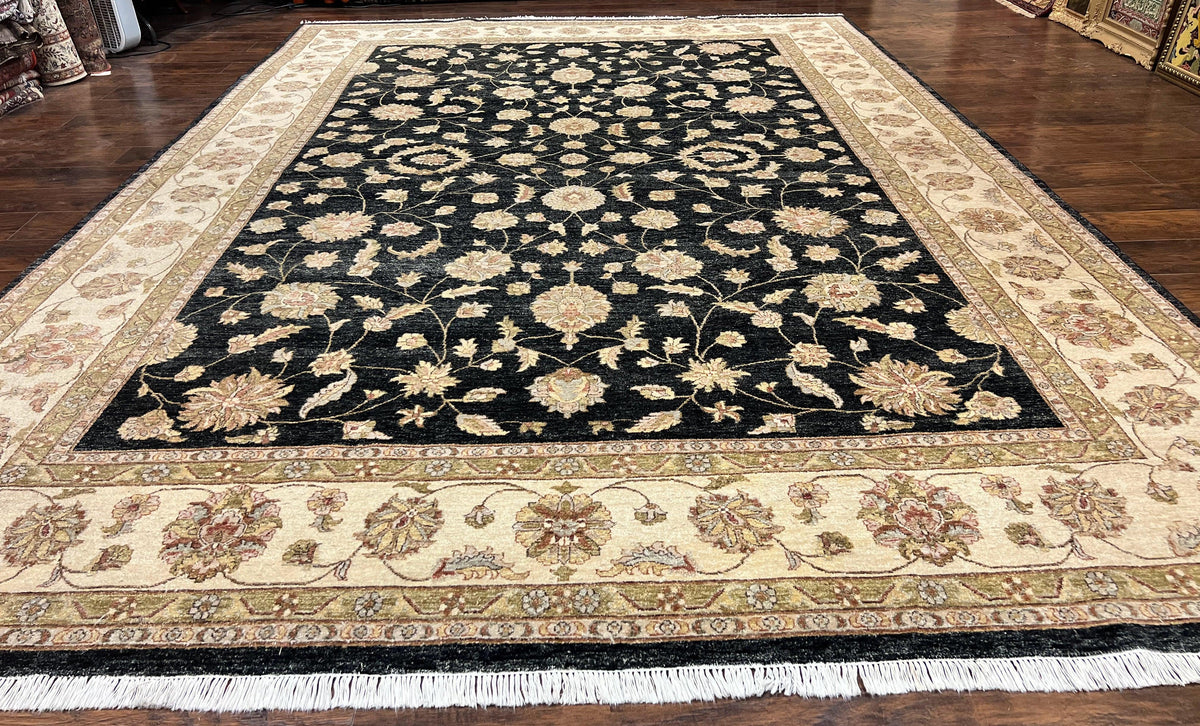 Indo Persian Rug 10x14, Charcoal and Beige, Floral Allover, Handmade Vintage Wool Carpet - Jewel Rugs, view 2