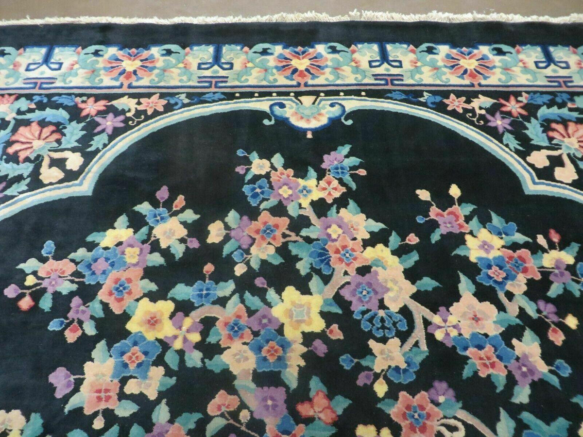 Black Chinese Wool Rug 8x10, Art Deco Floral Carpet, Soft Plush Pile - Jewel Rugs, view 4