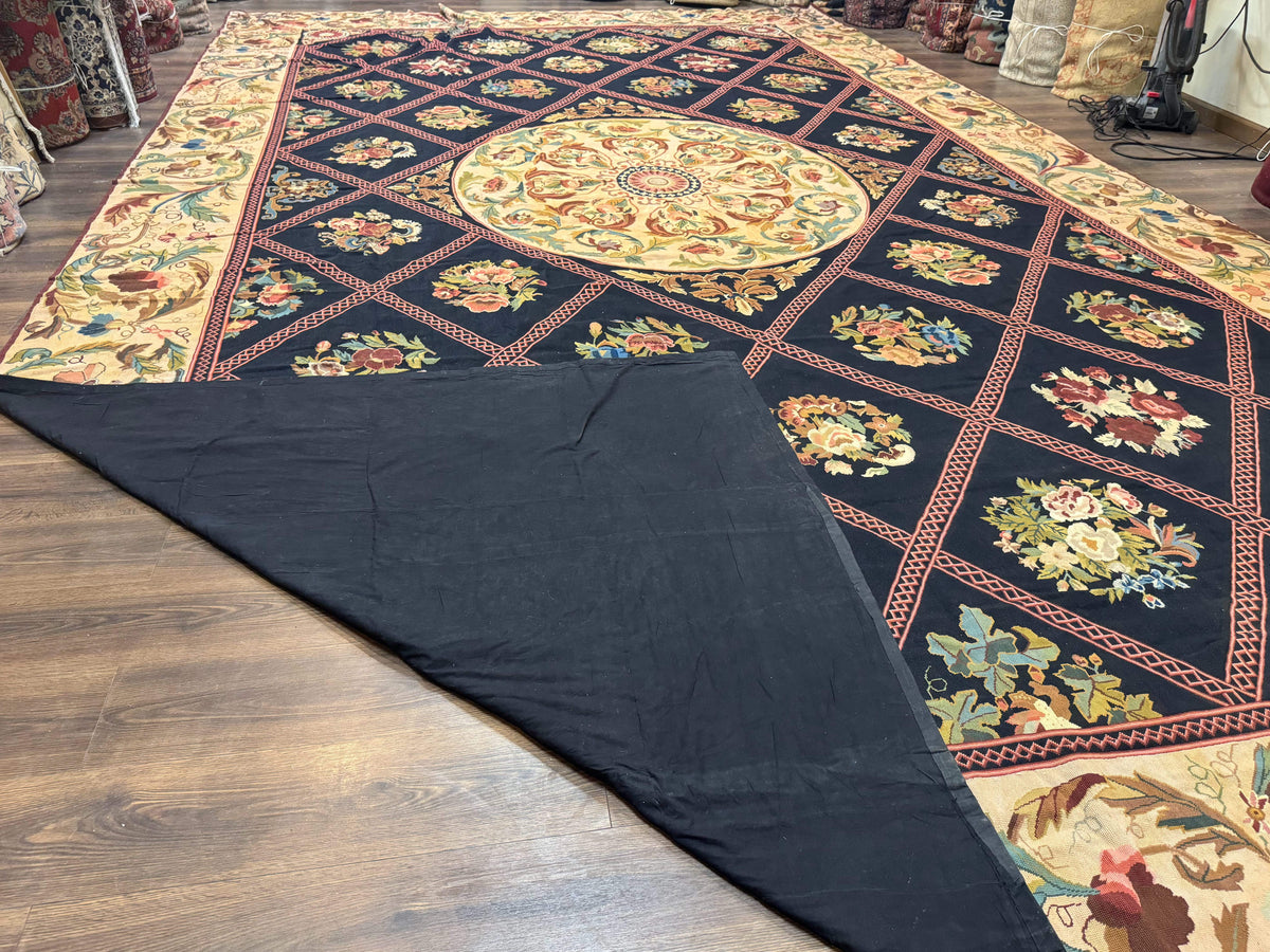 Palace Size Needlepoint Rug 12x20, European French English Aubusson Floral Design, Black and Beige - Jewel Rugs, view 10