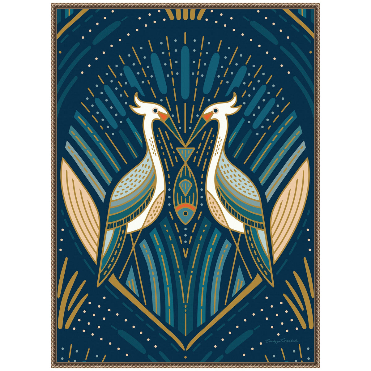 Sylvie Art Deco Herons Blue Framed Canvas by Carey Copeland