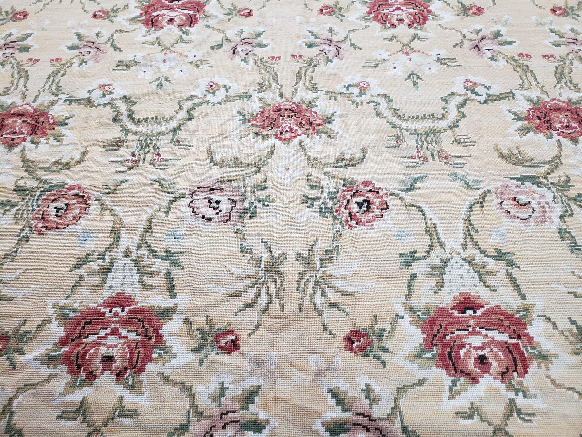 Needlepoint Rug 10x14 Wool Flatweave Carpet, English Floral Pattern, Pale Yellow, Roses, Allover Pattern, Handmade Large Needlepoint Nice - Jewel Rugs, view 13