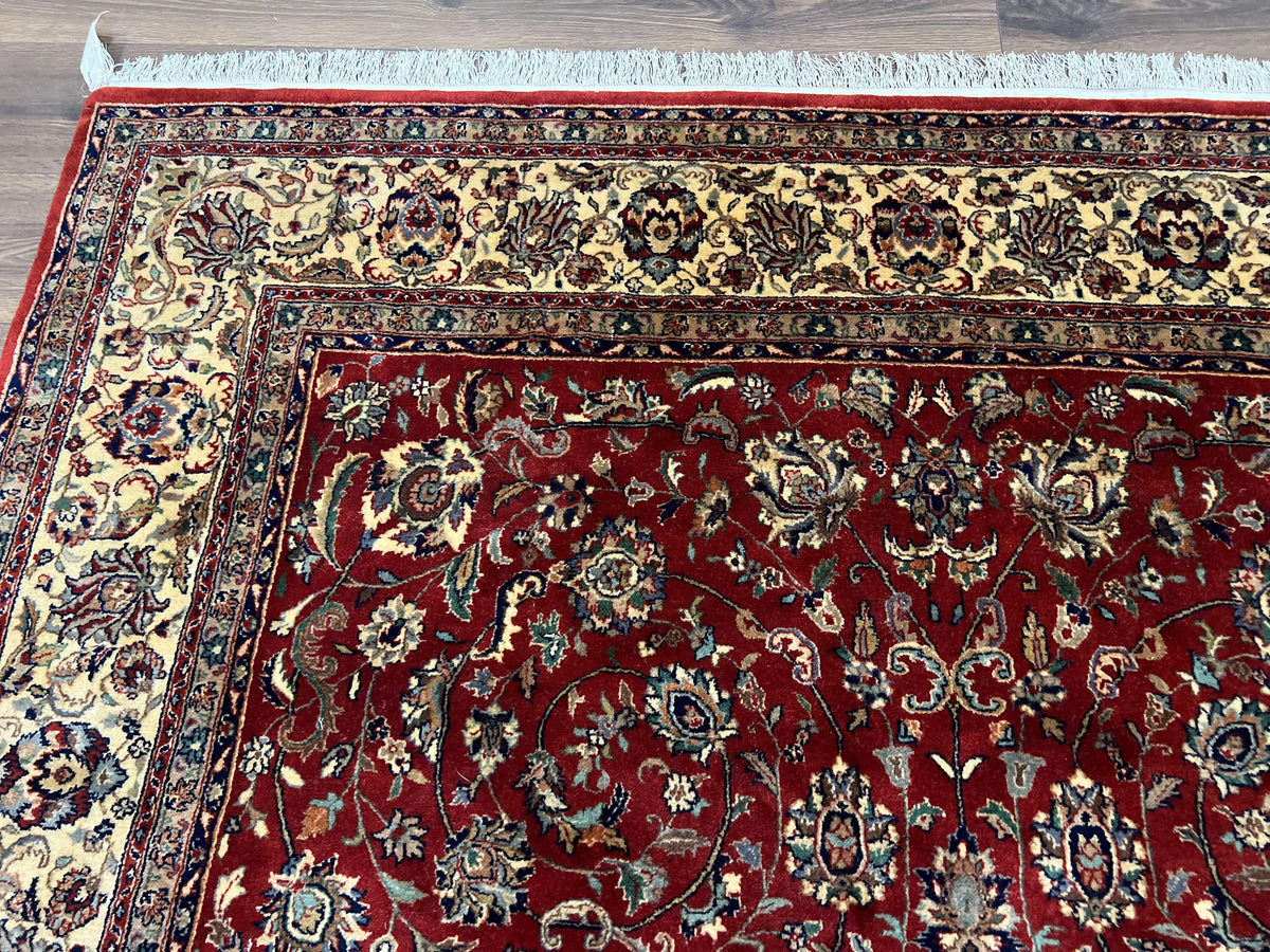 Vintage Indo Persian Rug 6x9, Very Finely Hand-Knotted Carpet 6 x 9 Red Cream Indian Oriental Carpet, Traditional Floral Wool Area Rug 1970s - Jewel Rugs, view 6