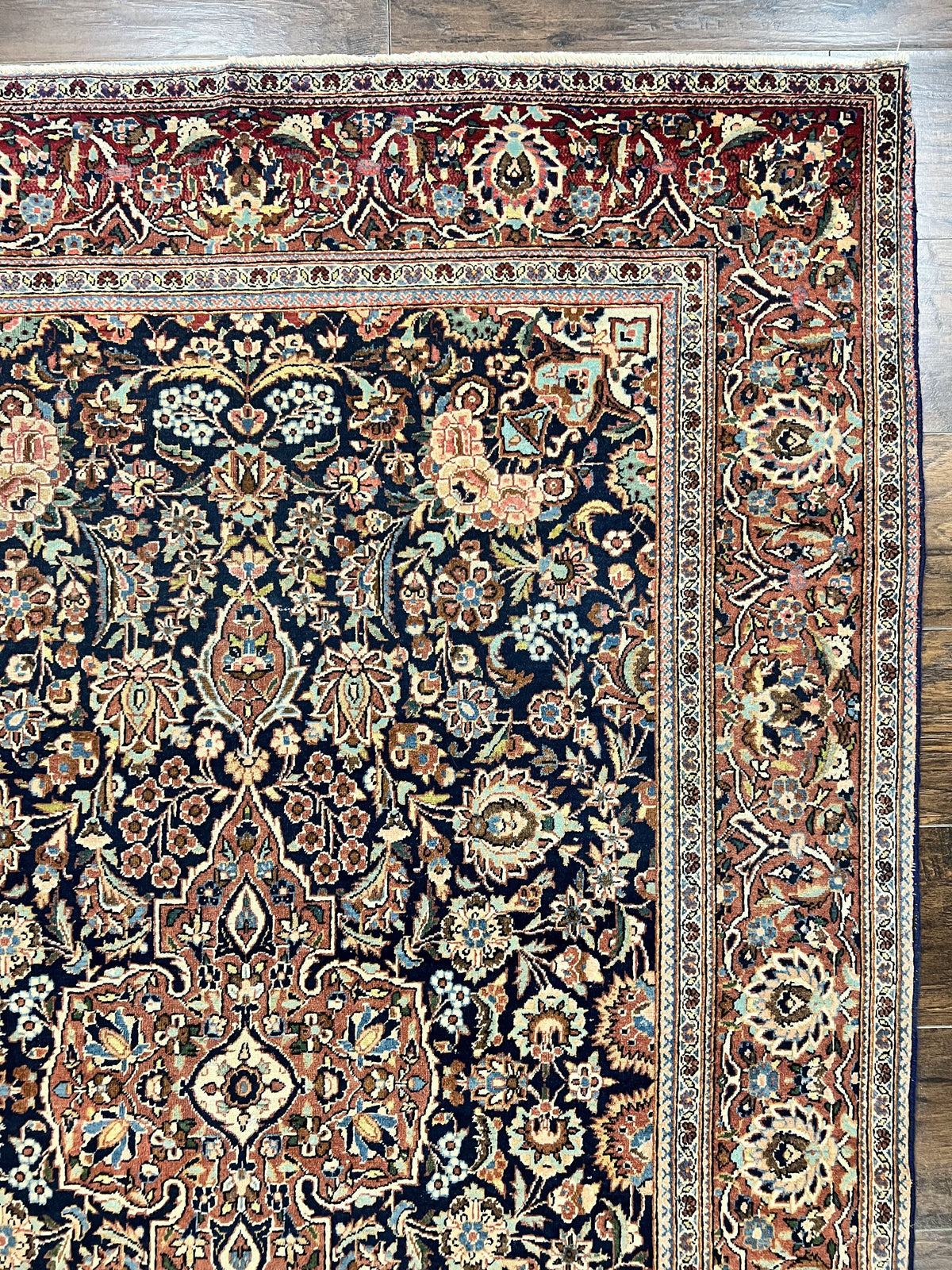Persian Kashan Rug 4x7, Floral Medallion Vintage Handmade Hand Knotted Navy Blue & Red Wool Oriental Carpet, Highly Detailed Semi Antique Rug - Jewel Rugs, view 8