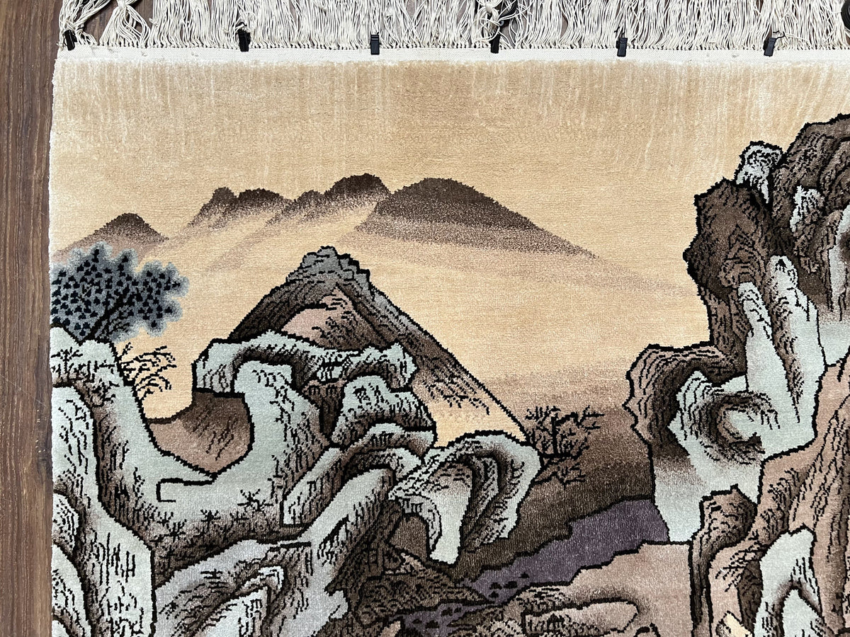 Silk Chinese Wall Hanging Rug 3x6 ft Tapestry, Pagoda Scene, Pictorial, High Quality Fine Hand Knotted Vintage, Asian Oriental Handmade Nice - Jewel Rugs, view 7