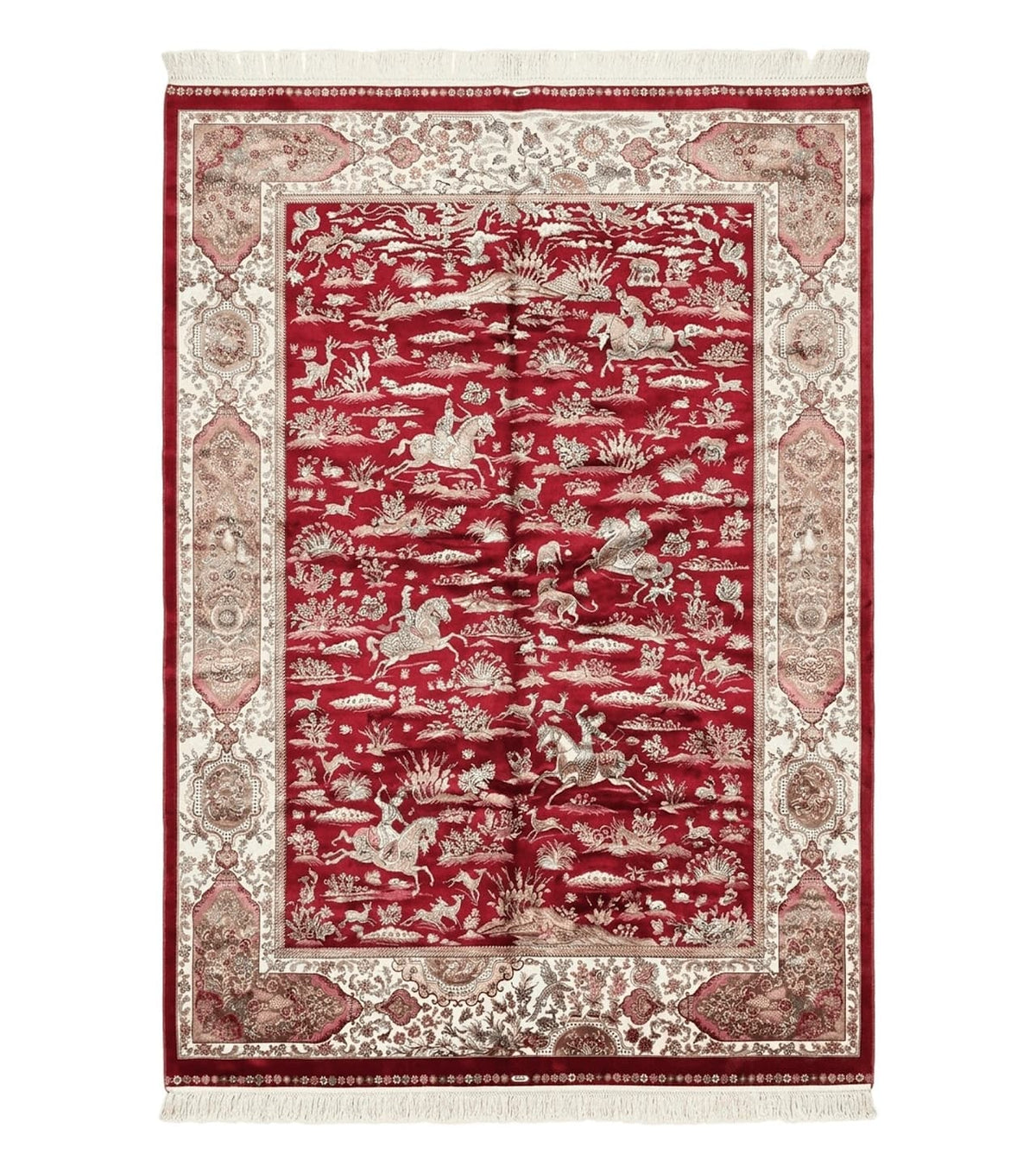 Turkish Silk Hunting Scene Rug 5 x 7.6, Red & Ivory, Bamboo Silk, New - Jewel Rugs