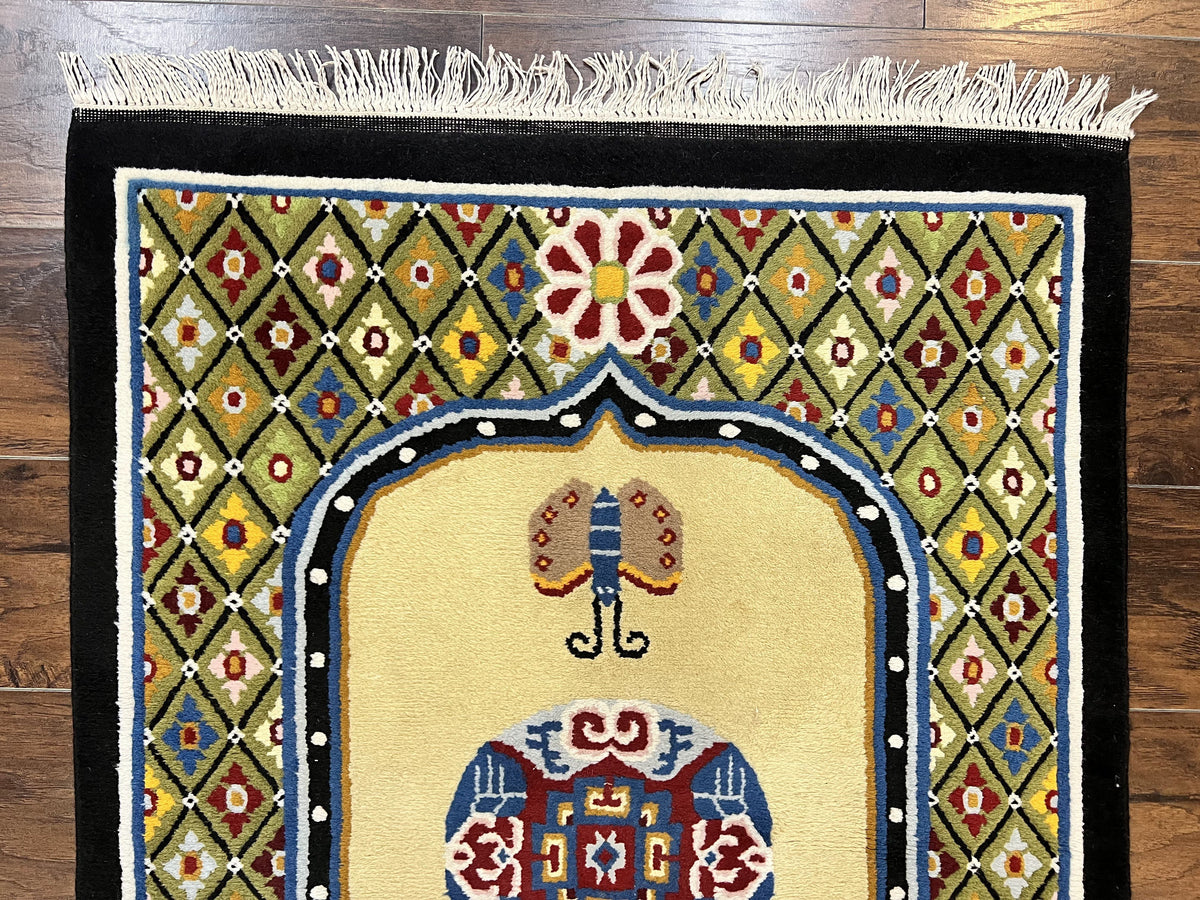 Chinese Rug 3x6 ft, Chinese Wool Rug, Tiensin Rug, Handmade Wool 3 x 6 Vintage Peking Rug, Art Deco Rug, Butterflies - Jewel Rugs, view 3
