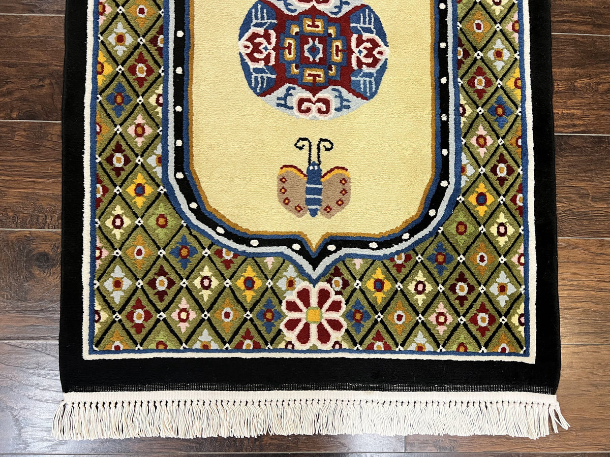 Chinese Rug 3x6 ft, Chinese Wool Rug, Tiensin Rug, Handmade Wool 3 x 6 Vintage Peking Rug, Art Deco Rug, Butterflies - Jewel Rugs, view 5