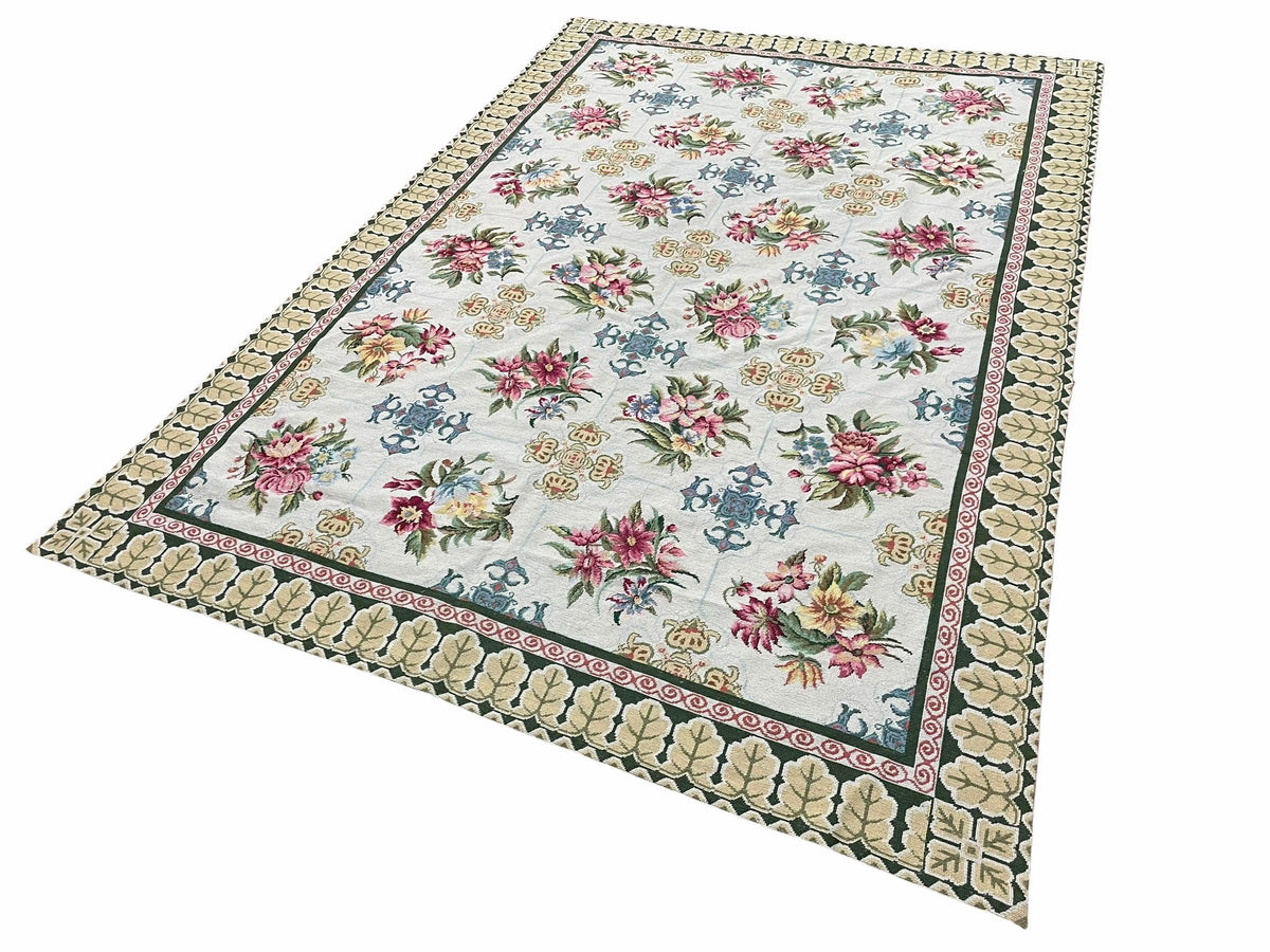 Hand-Knotted Needlepoint Carpet 6x9, Ivory/Cream Background, Colorful Flowers, Yellow Border, Aubusson Rug 6 x 9, New, Handmade - Jewel Rugs, view 3