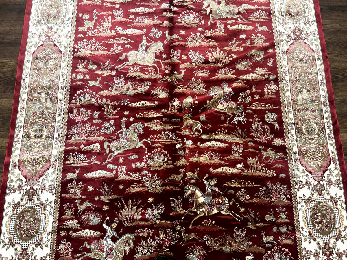 Turkish Silk Hunting Scene Rug 5 x 7.6, Red & Ivory, Bamboo Silk, New - Jewel Rugs, view 4