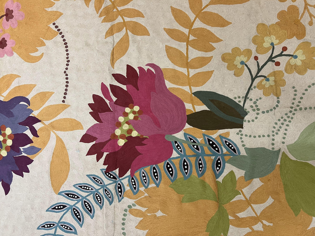 Indian Chain Stitched Rug 4x6, Hand Stitched Indian Embroidery Carpet, Large Floral Design, Contemporary, Cream and Colorful Flowers, Wool - Jewel Rugs, view 5