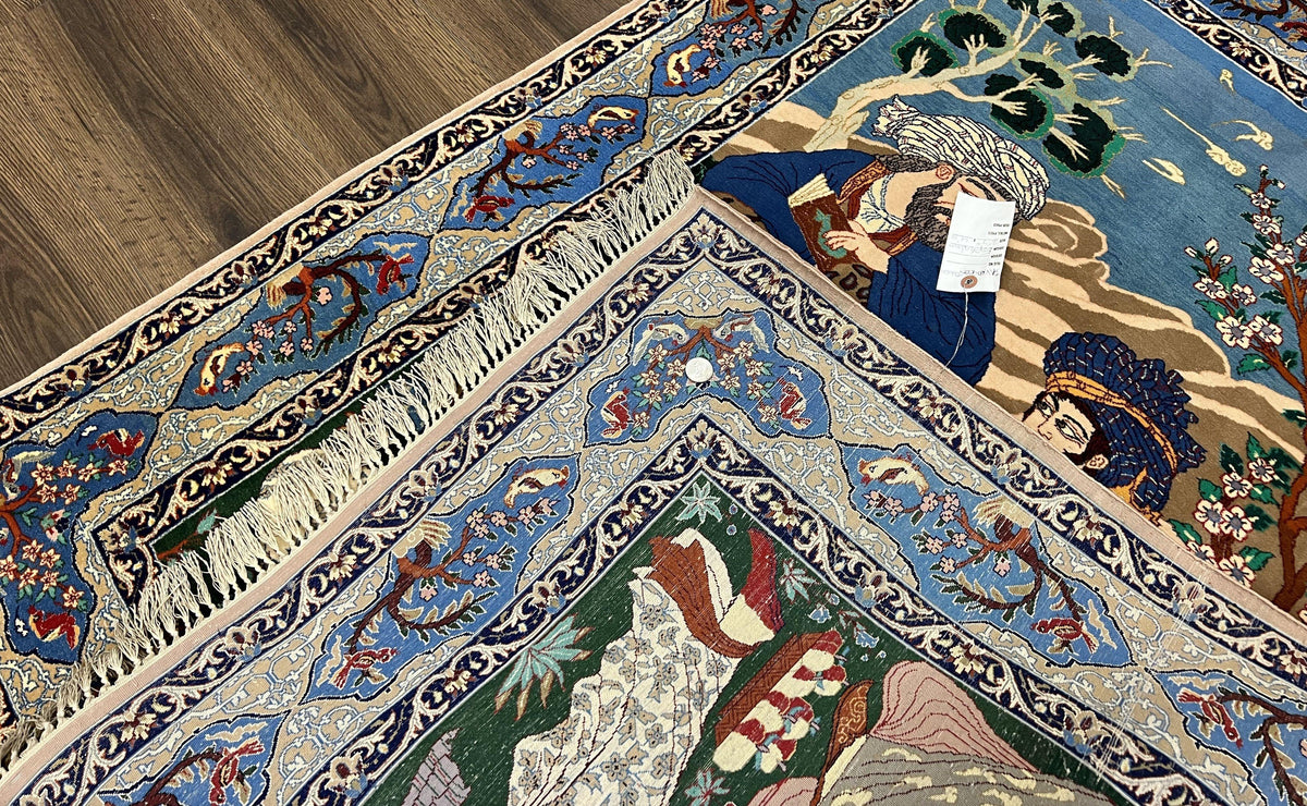 Fine Persian Isfahan Pictorial Rug 3.7 x 5, Kork Wool on Silk Foundation, Blue Persian Carpet, Hand Knotted, Humans Birds, High KPSI, Semi Antique - Jewel Rugs, view 11