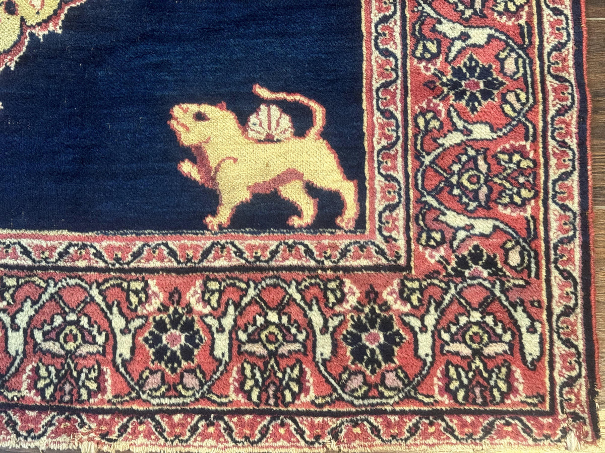 Antique Persian Mashad Rug 4x6, Semi Open Field, Navy Blue, Lion Pictorials, Triple Medallion, Dorokhsh Rug - Jewel Rugs, view 10