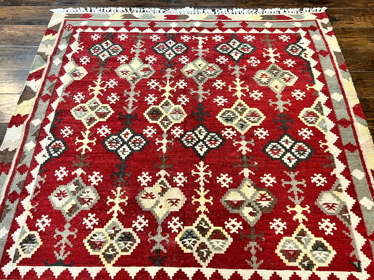 Indian Kilim Rug 6x6, Square Kilim Flatweave Carpet, Vintage Handmade Wool Rug, Red - Jewel Rugs, view 3
