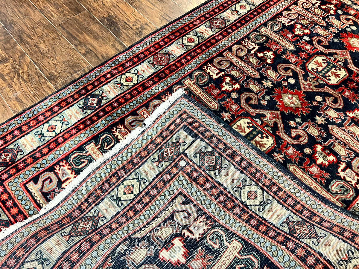 Persian Wide Runner Rug 4.8 x 10, Persian Kalegi Ardabil Rug, Perpedil Caucasian Rug, Antique Handmade Wool Carpet, Navy Blue Red, Tribal Rug - Jewel Rugs, view 10