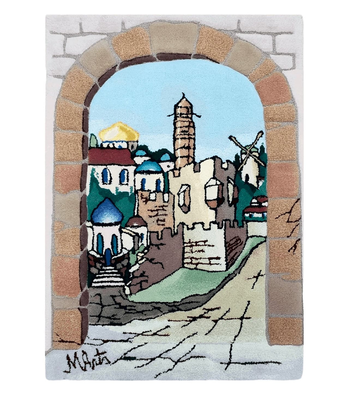 Small Judaica Rug, Rug with Jerusalem Pictorial, Chanuka Gift, Hand-Tufted, Jerusalem Gate, Vintage Judaica, Western Wall Rug, 3x4 Rug - Jewel Rugs
