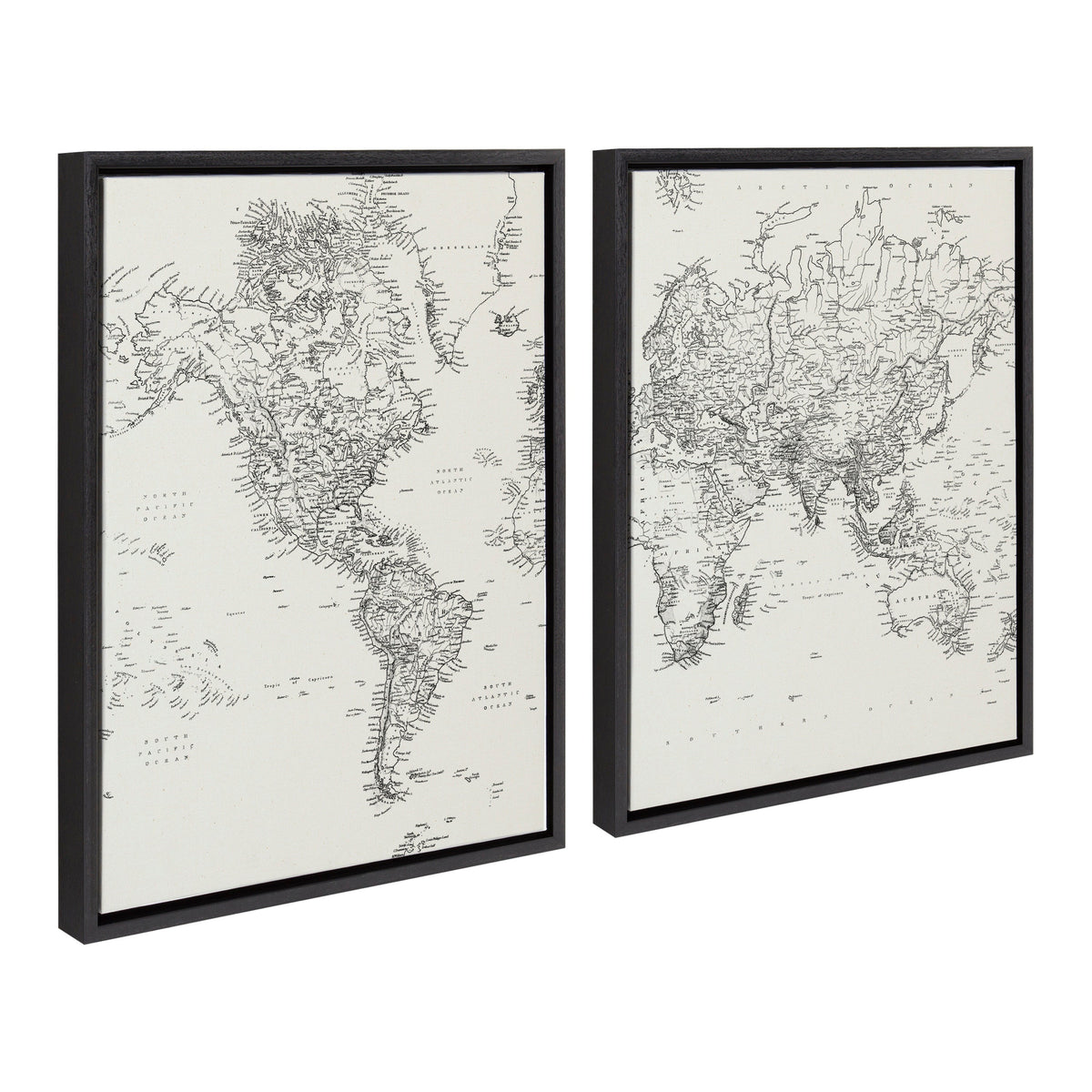 Sylvie Vintage Black and White World Map Framed Canvas Set by The Creative Bunch Studio