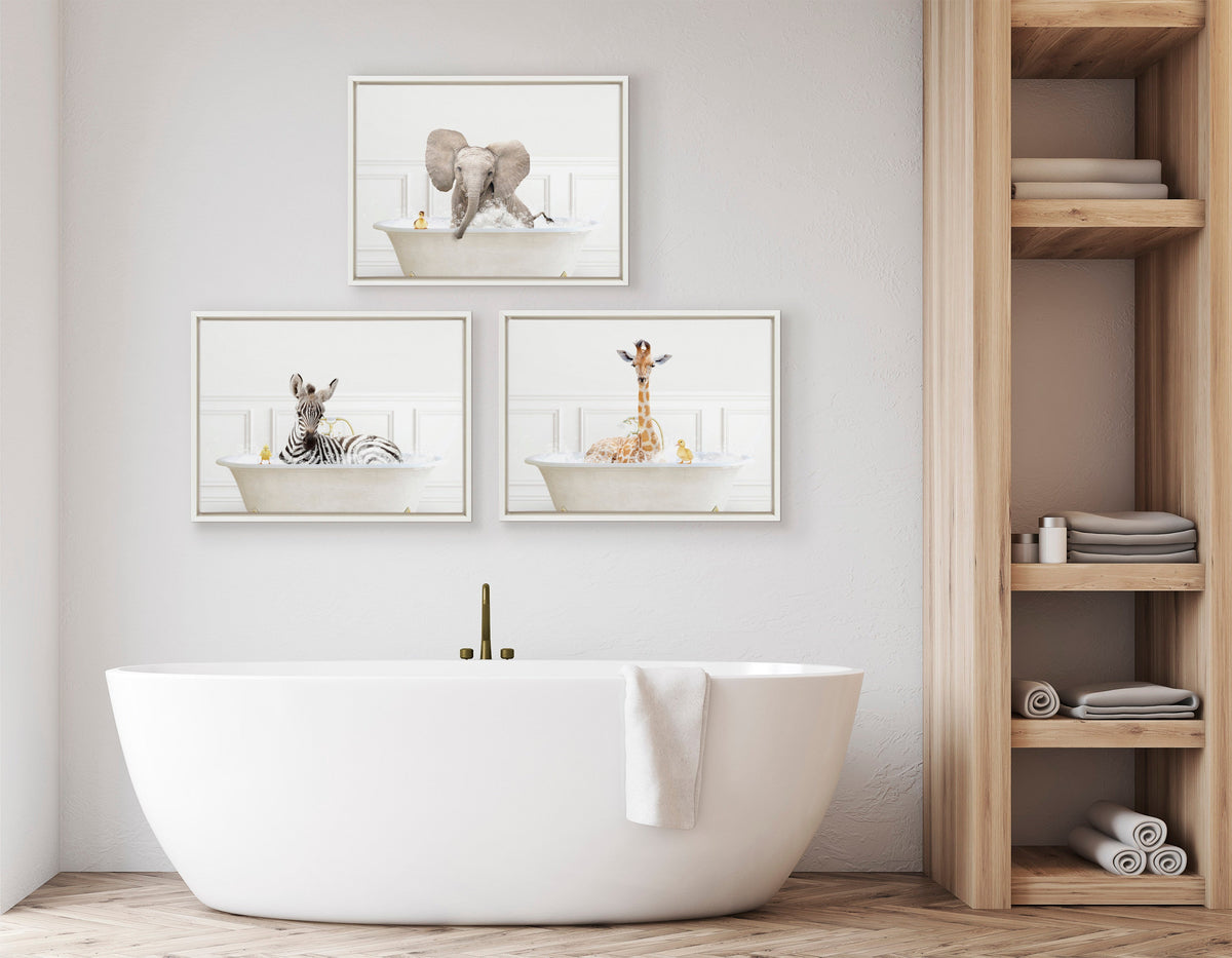 Sylvie Giraffe In Bubble Bath Neutral Style Framed Canvas by Amy Peterson Art Studio